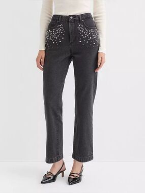 LOFT Jeweled Pocket High Rise Straight Jeans Washed Black Size 29/8 Preppy
